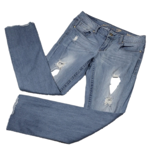 Seven7 Slim Straight Blue Light Wash Five Pocket Distressed Raw Hem Skinny Jean - Picture 1 of 16